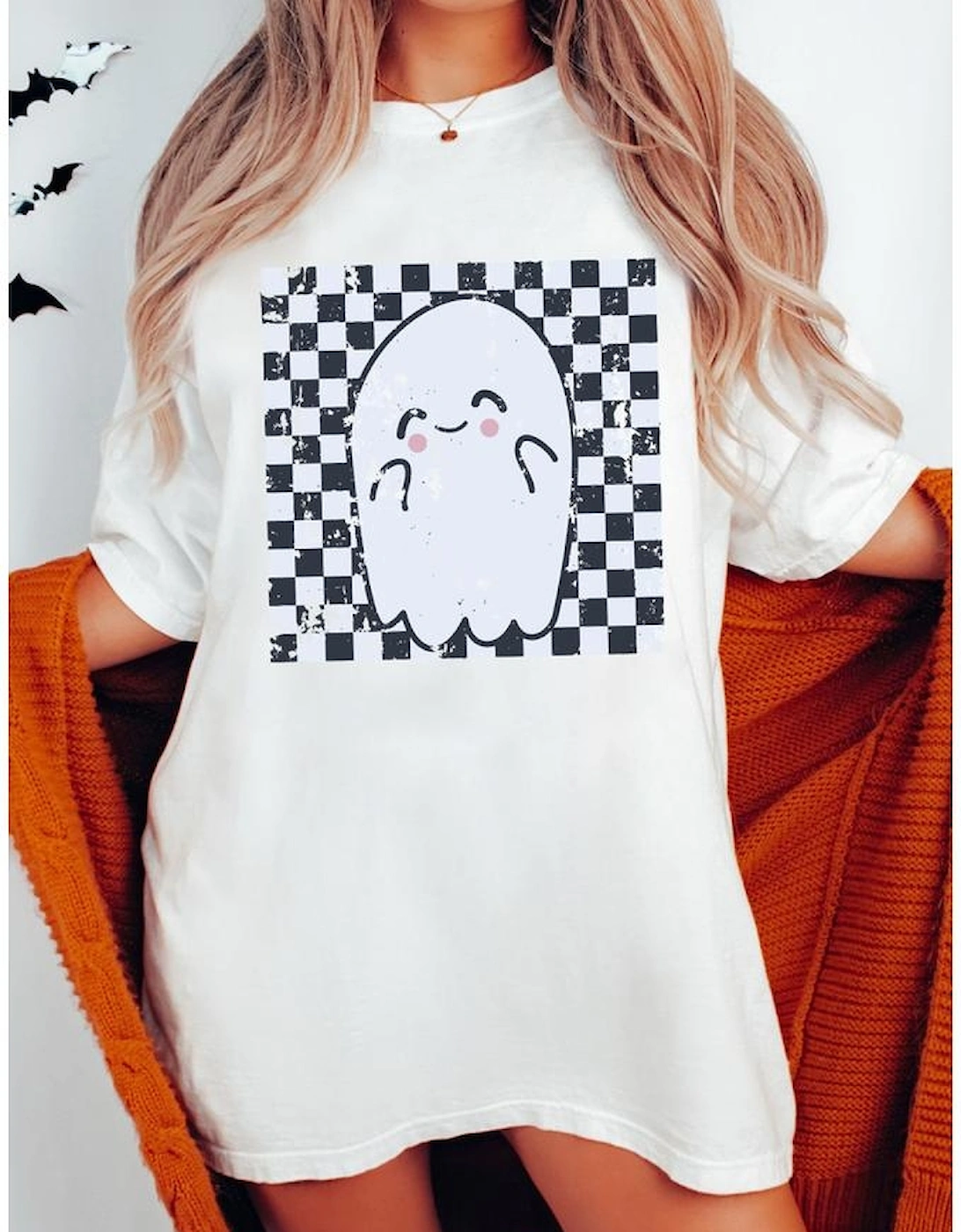 White Checkered Ghost Print Crew Neck Oversized T Shirt