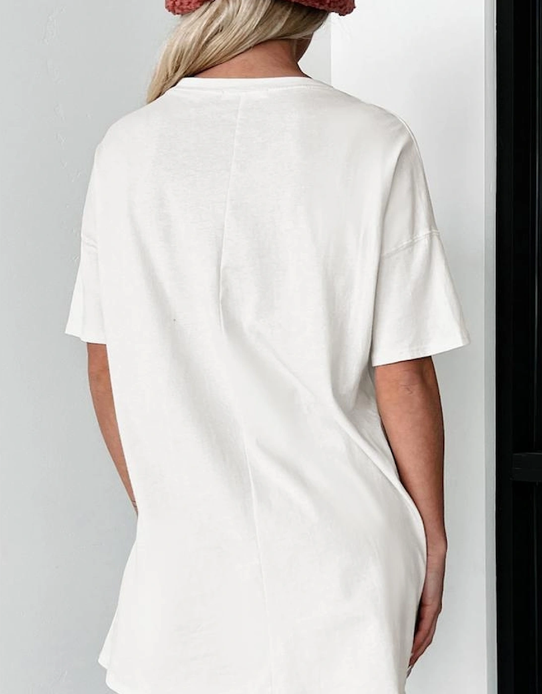 White Checkered Ghost Print Crew Neck Oversized T Shirt