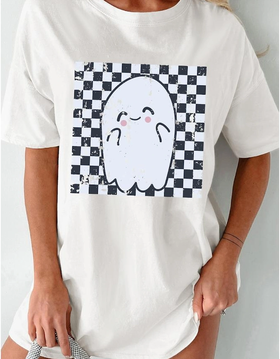White Checkered Ghost Print Crew Neck Oversized T Shirt, 5 of 4