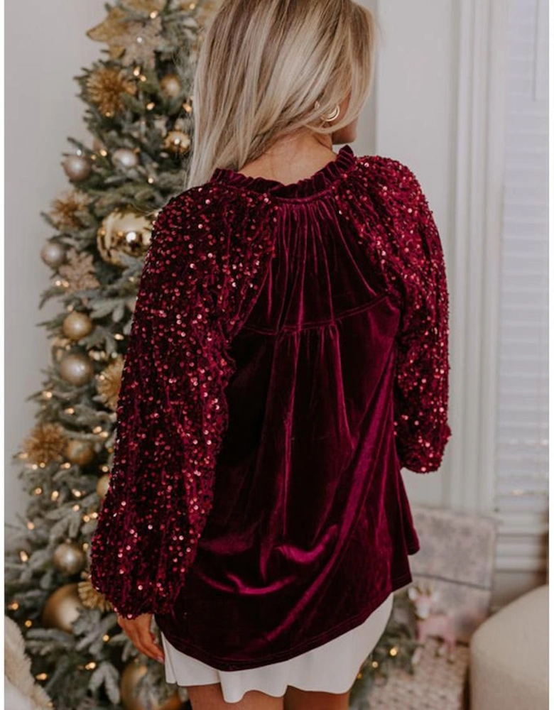 Red Dahlia Sequin Patchwork Sleeve Button Up Velvet Top