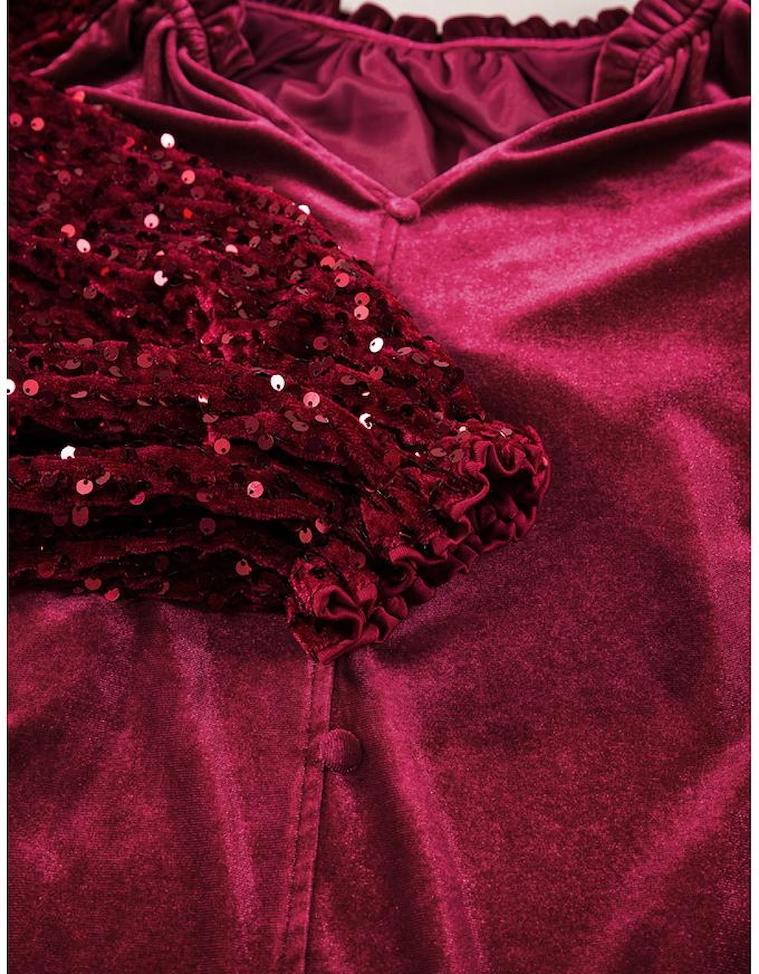 Red Dahlia Sequin Patchwork Sleeve Button Up Velvet Top