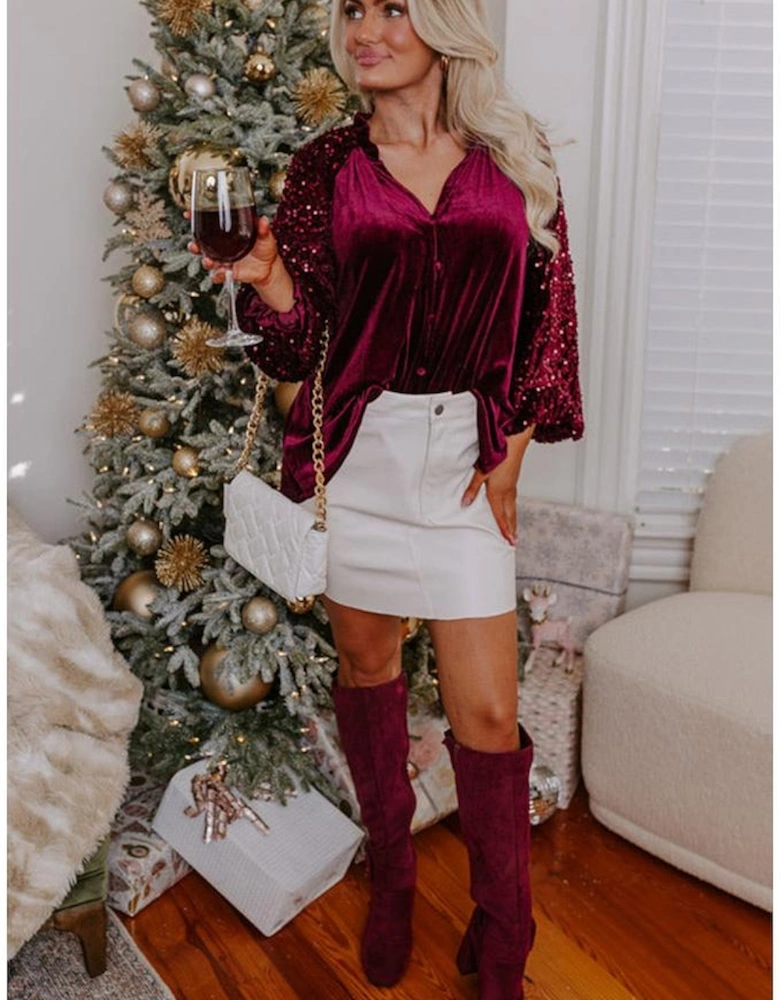 Red Dahlia Sequin Patchwork Sleeve Button Up Velvet Top