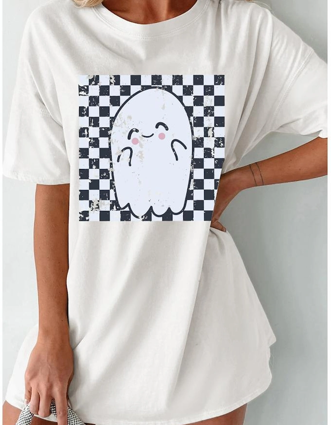 White Checkered Ghost Print Crew Neck Oversized T Shirt