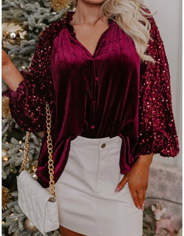 Red Dahlia Sequin Patchwork Sleeve Button Up Velvet Top