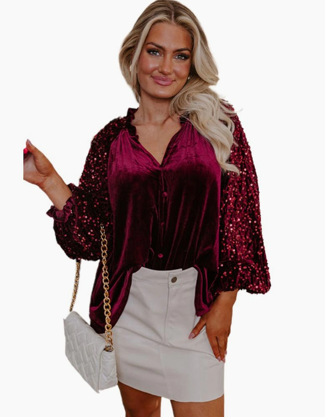 Red Dahlia Sequin Patchwork Sleeve Button Up Velvet Top