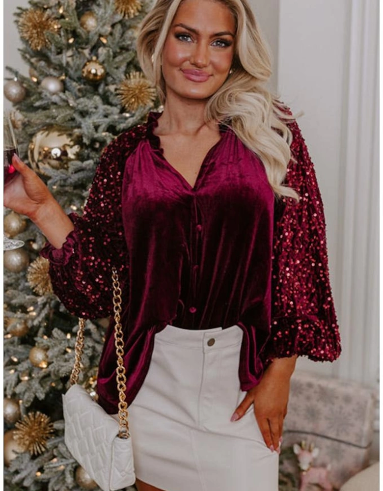 Red Dahlia Sequin Patchwork Sleeve Button Up Velvet Top