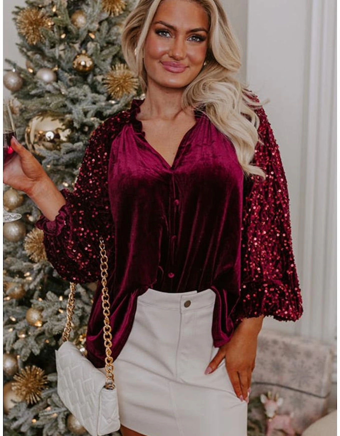 Red Dahlia Sequin Patchwork Sleeve Button Up Velvet Top