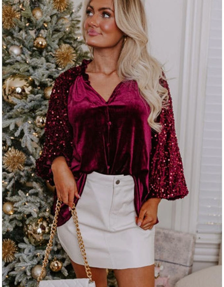 Red Dahlia Sequin Patchwork Sleeve Button Up Velvet Top