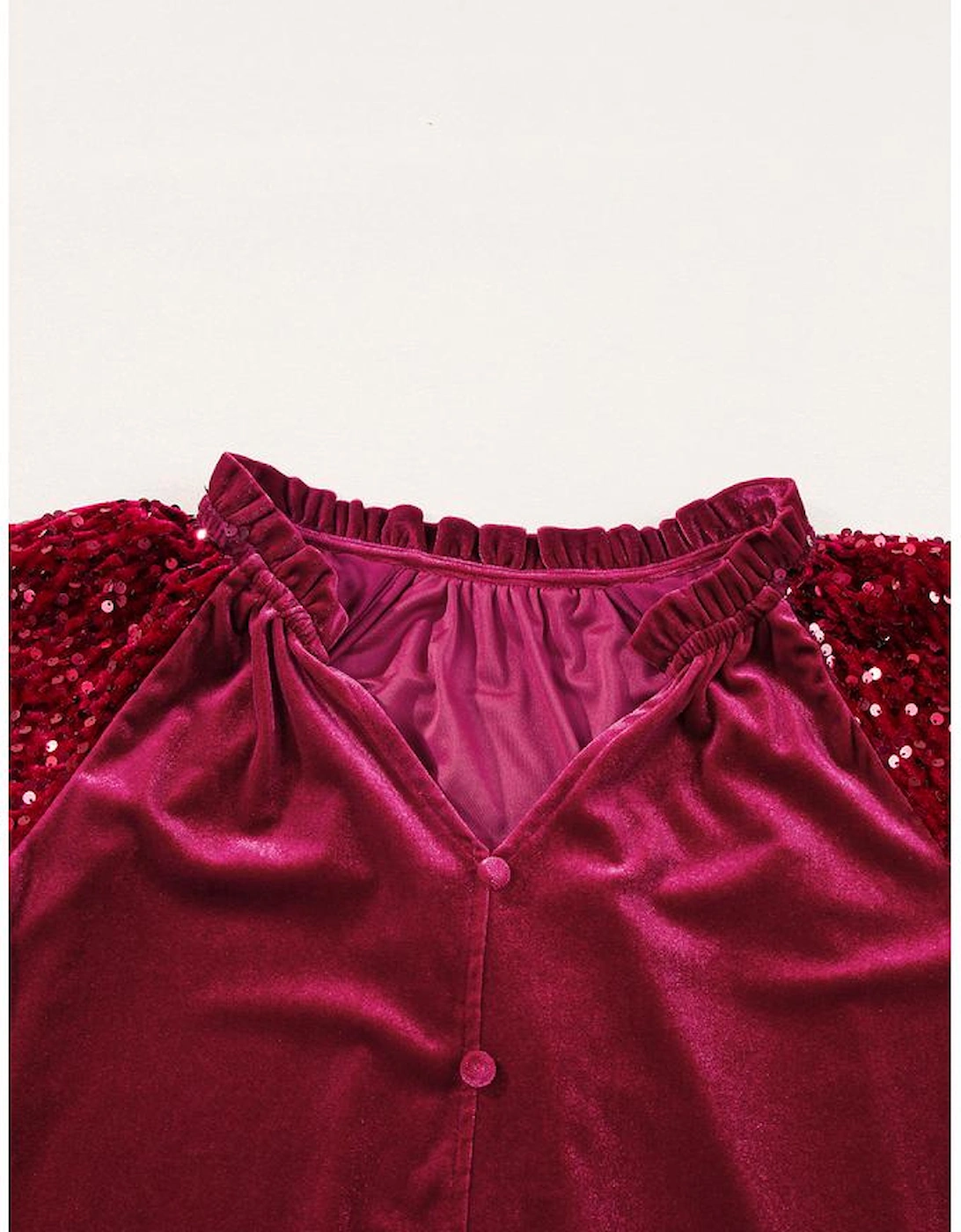 Red Dahlia Sequin Patchwork Sleeve Button Up Velvet Top