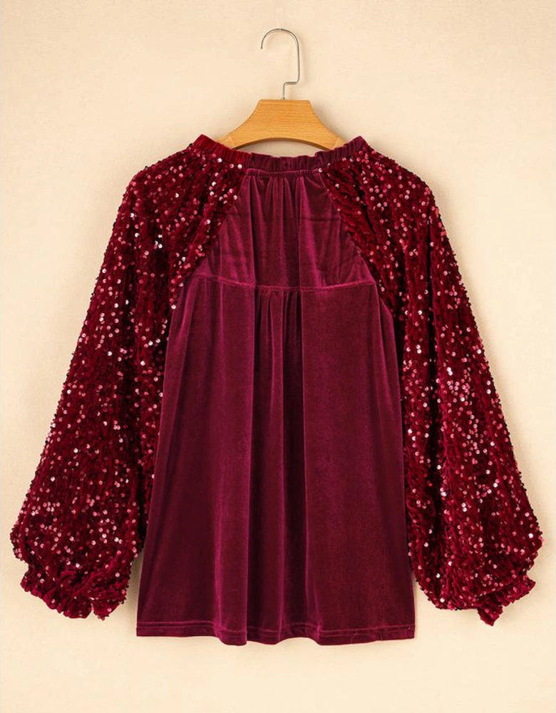Red Dahlia Sequin Patchwork Sleeve Button Up Velvet Top