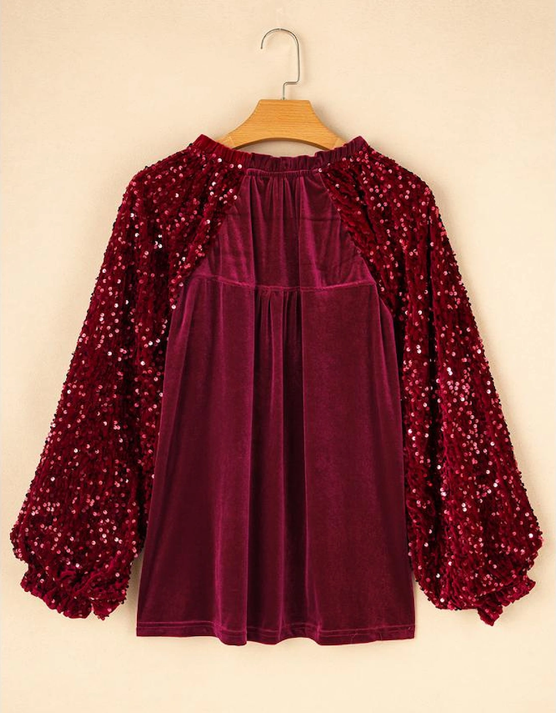 Red Dahlia Sequin Patchwork Sleeve Button Up Velvet Top