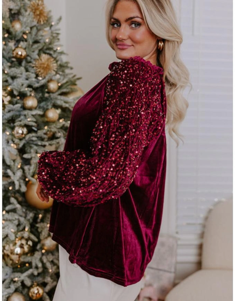 Red Dahlia Sequin Patchwork Sleeve Button Up Velvet Top