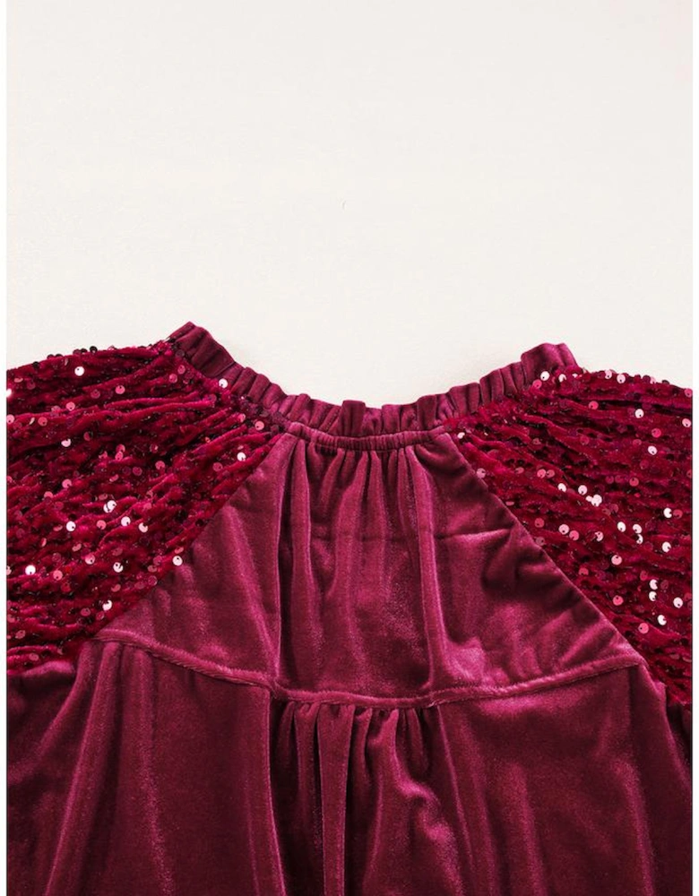 Red Dahlia Sequin Patchwork Sleeve Button Up Velvet Top