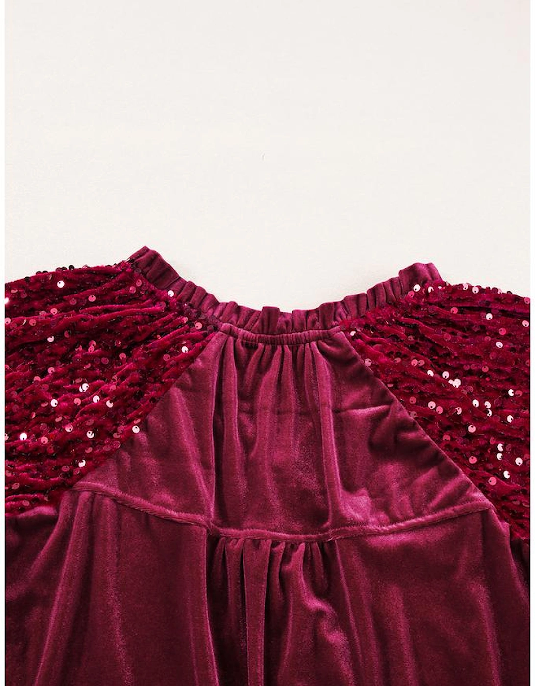 Red Dahlia Sequin Patchwork Sleeve Button Up Velvet Top