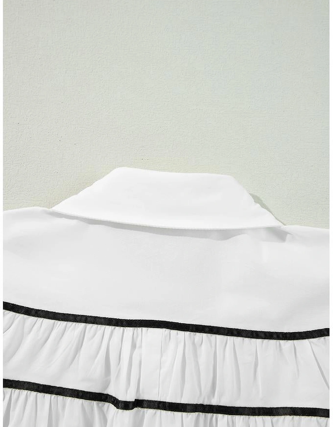 White Black Pipping Ribbon Bowtie Collared Ruffled Puff Sleeve Shirt, 14 of 13