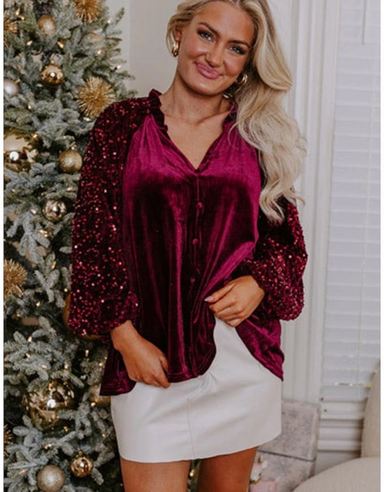Red Dahlia Sequin Patchwork Sleeve Button Up Velvet Top