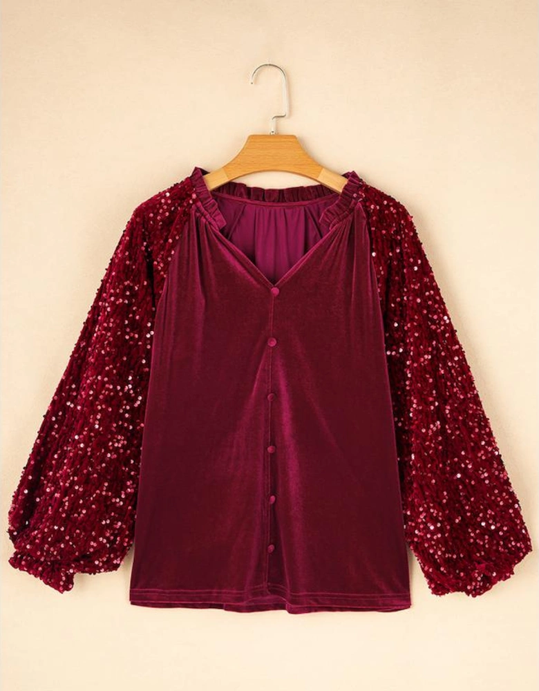 Red Dahlia Sequin Patchwork Sleeve Button Up Velvet Top