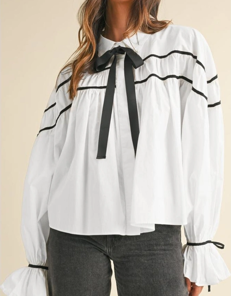 White Black Pipping Ribbon Bowtie Collared Ruffled Puff Sleeve Shirt