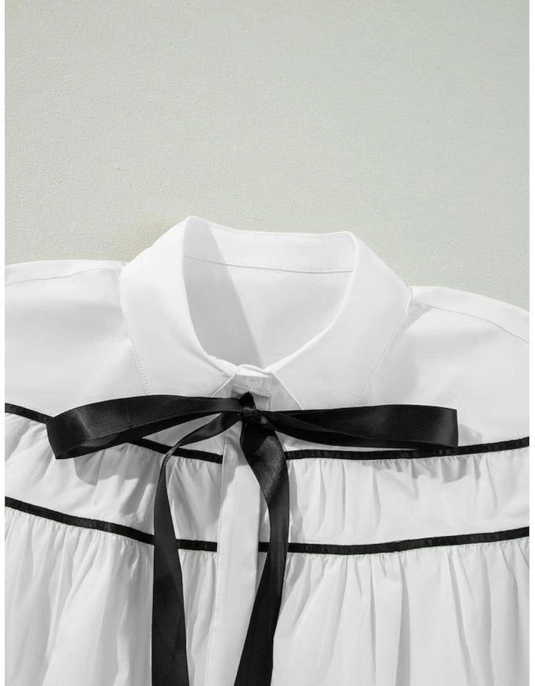 White Black Pipping Ribbon Bowtie Collared Ruffled Puff Sleeve Shirt