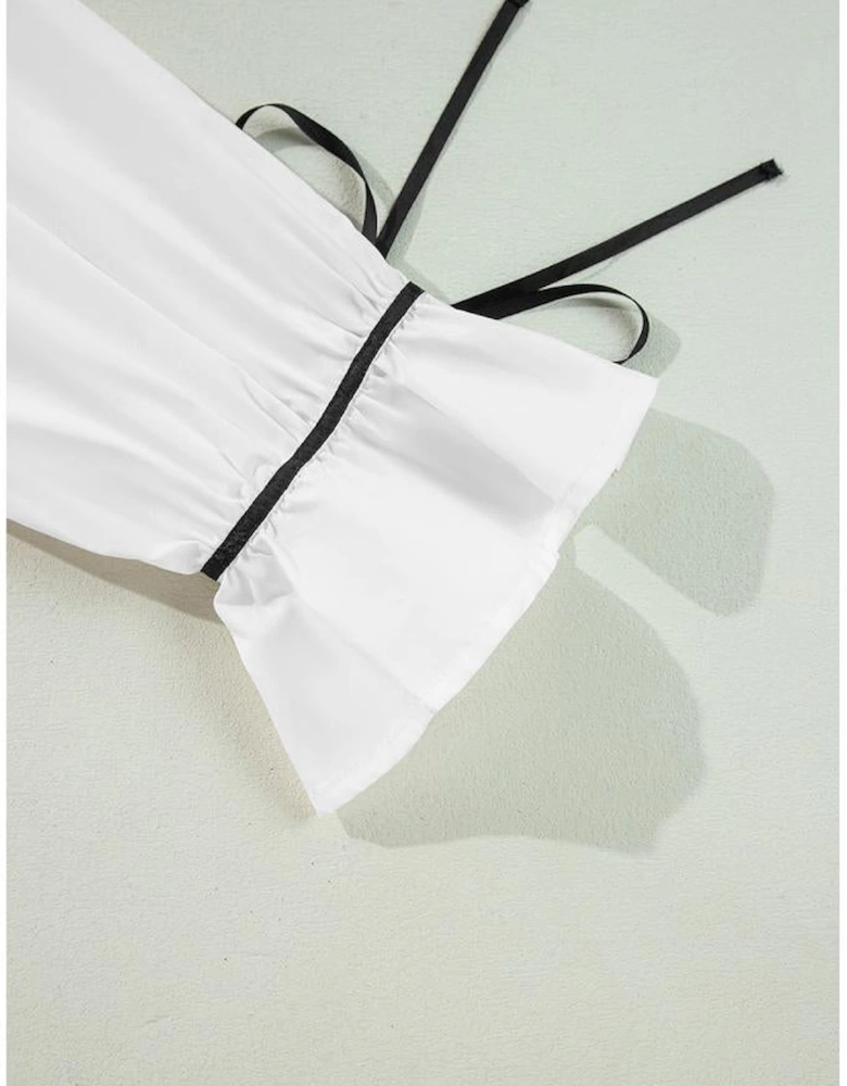 White Black Pipping Ribbon Bowtie Collared Ruffled Puff Sleeve Shirt