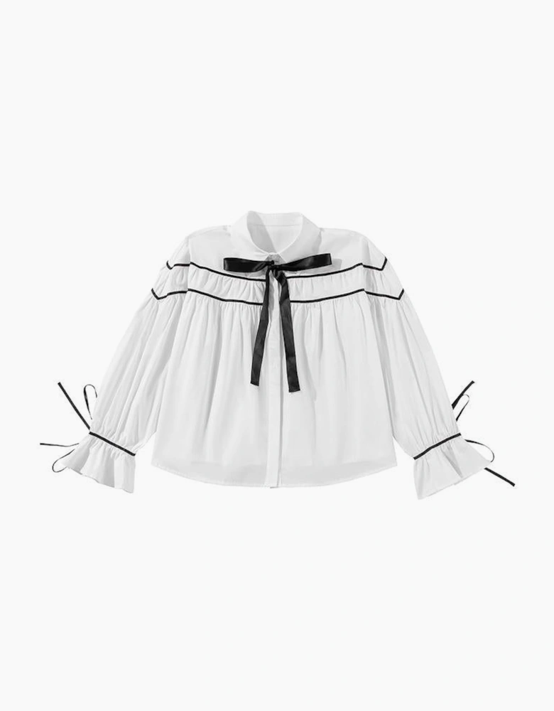 White Black Pipping Ribbon Bowtie Collared Ruffled Puff Sleeve Shirt