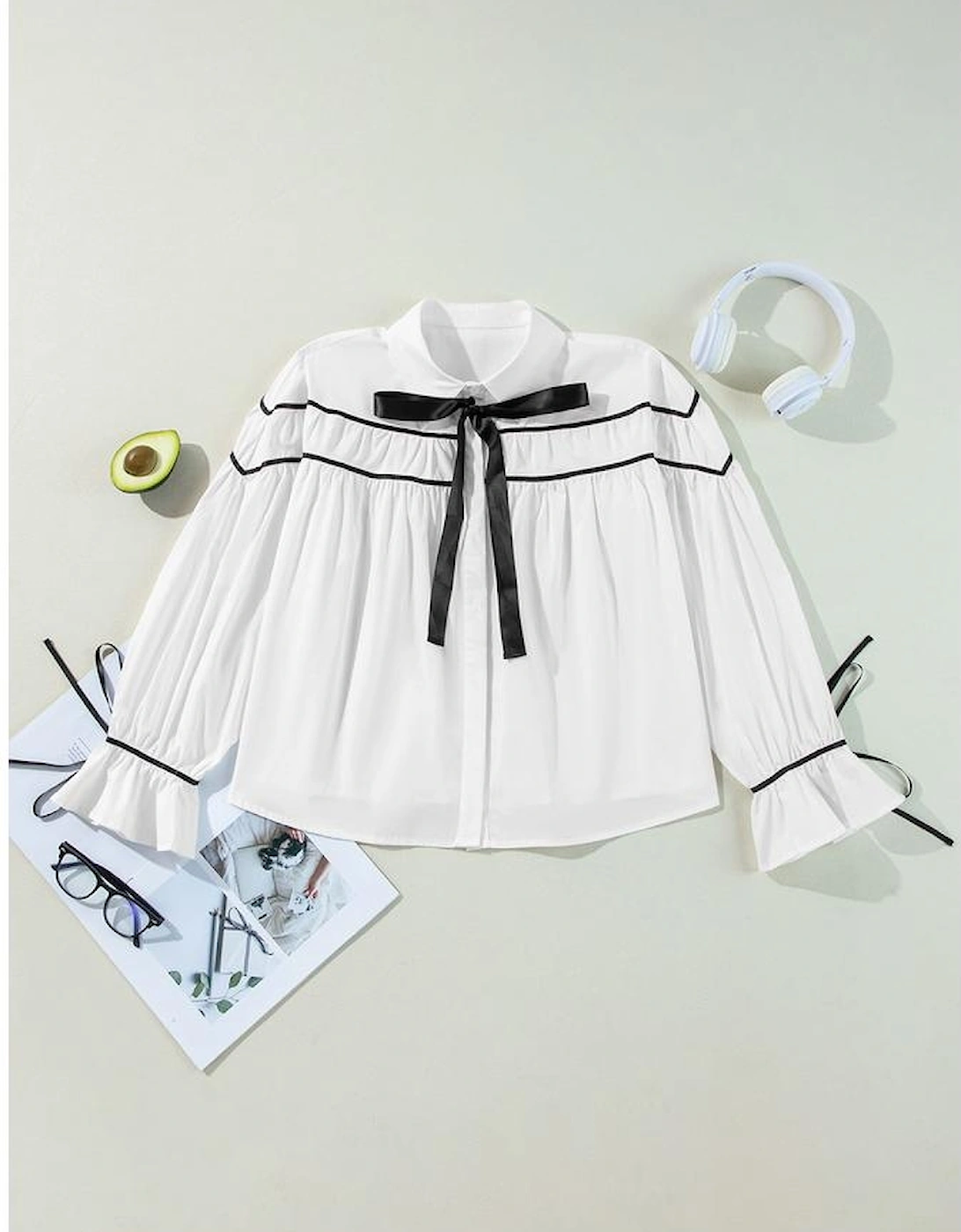 White Black Pipping Ribbon Bowtie Collared Ruffled Puff Sleeve Shirt