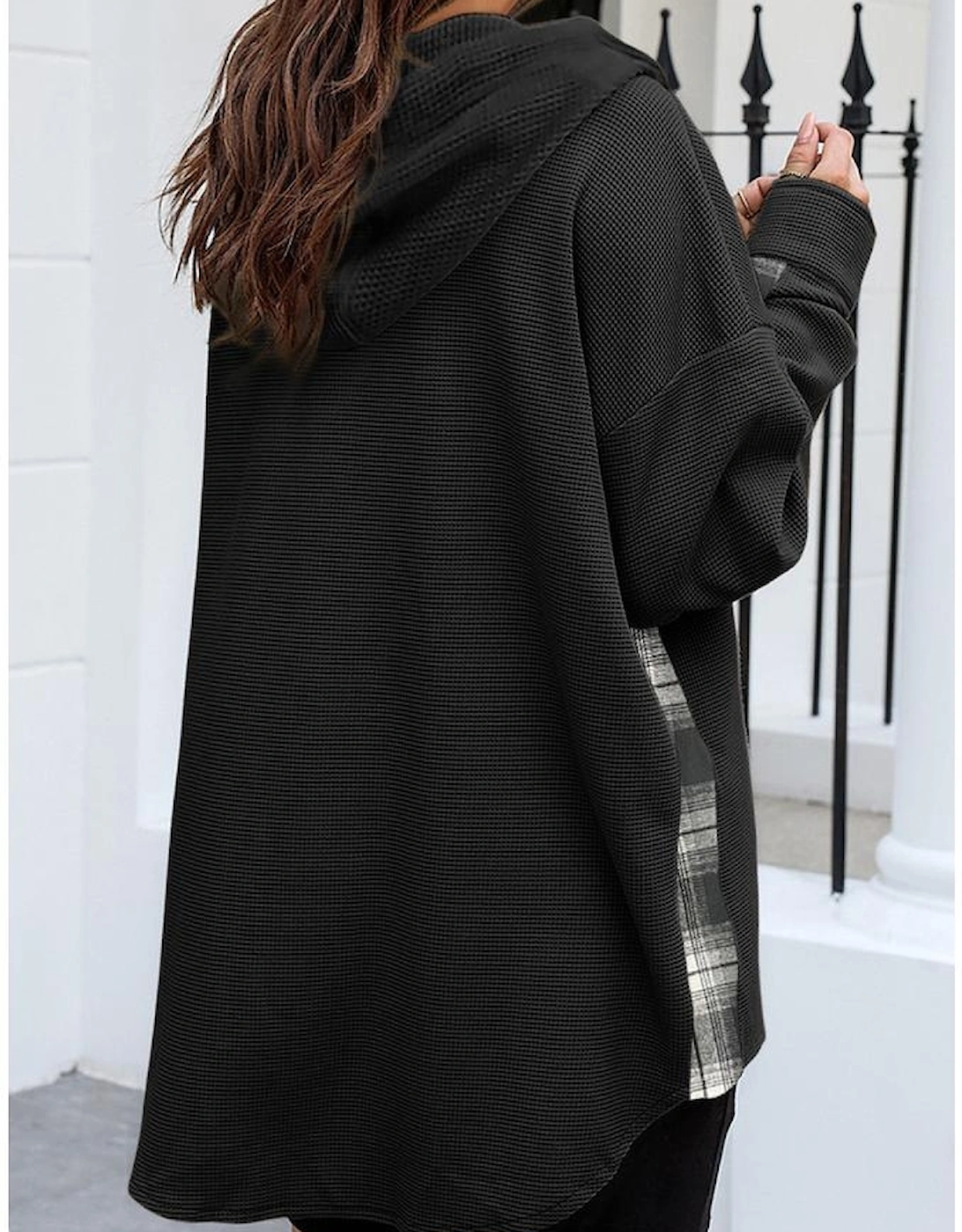 Black Waffle Knit Plaid Patchwork Drawstring Hooded Shacket