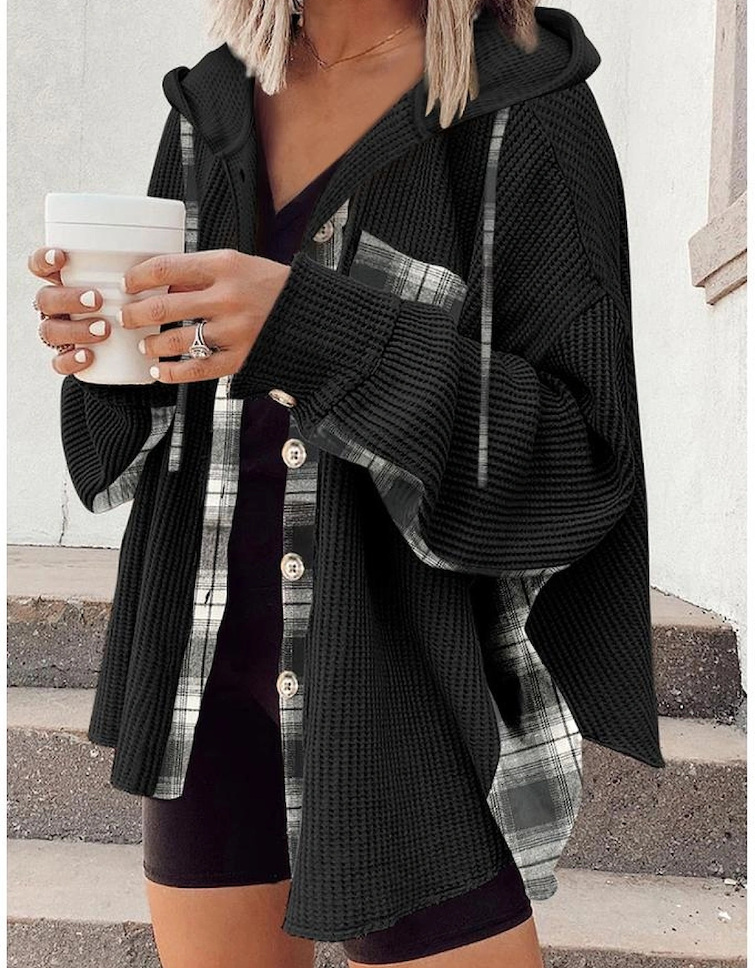 Black Waffle Knit Plaid Patchwork Drawstring Hooded Shacket, 4 of 3