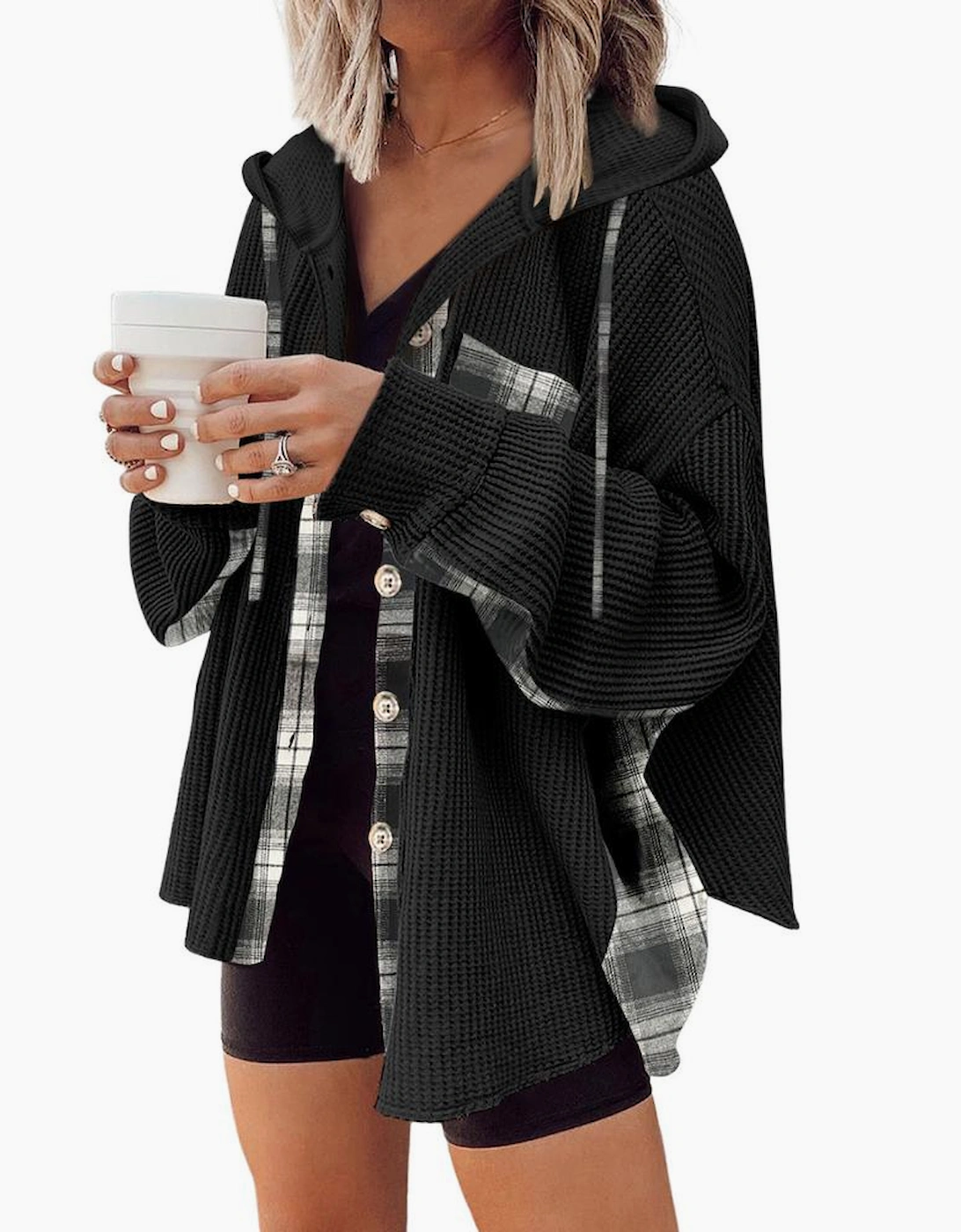 Black Waffle Knit Plaid Patchwork Drawstring Hooded Shacket