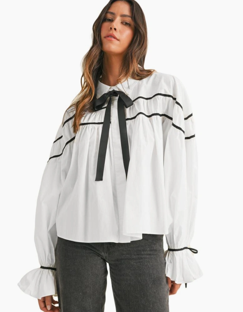 White Black Pipping Ribbon Bowtie Collared Ruffled Puff Sleeve Shirt