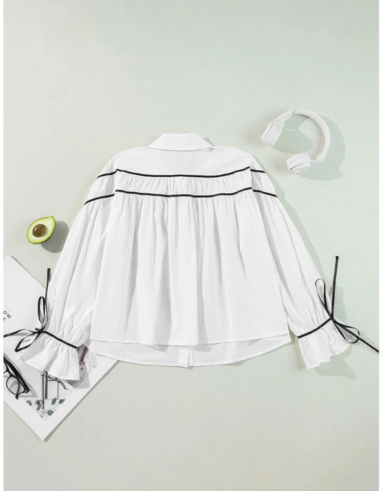 White Black Pipping Ribbon Bowtie Collared Ruffled Puff Sleeve Shirt
