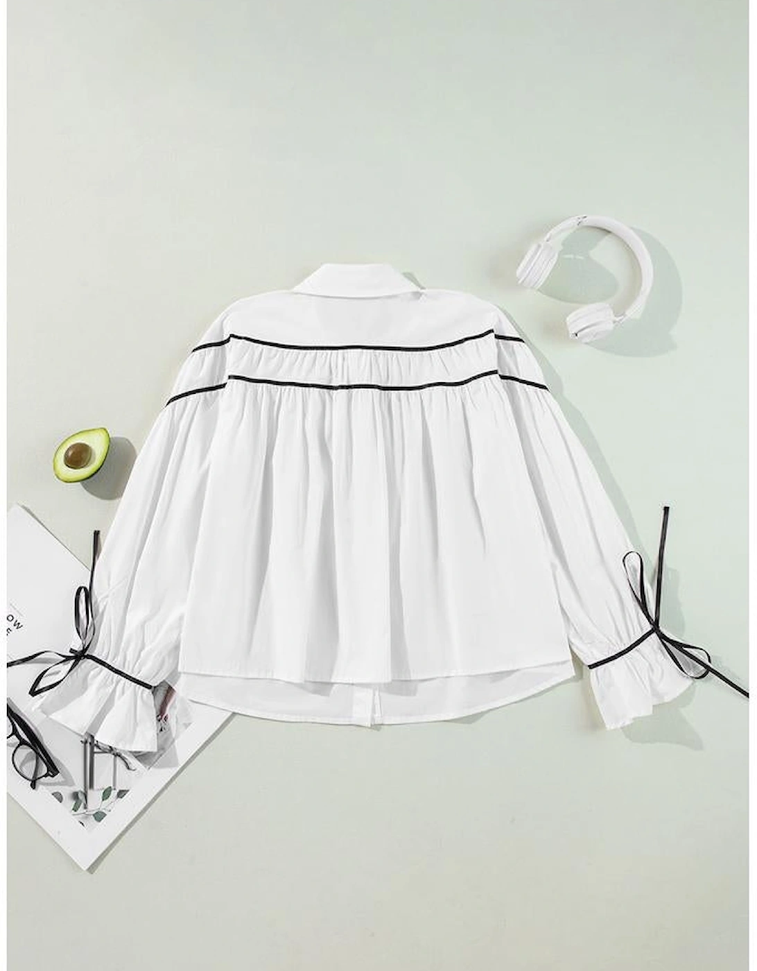 White Black Pipping Ribbon Bowtie Collared Ruffled Puff Sleeve Shirt