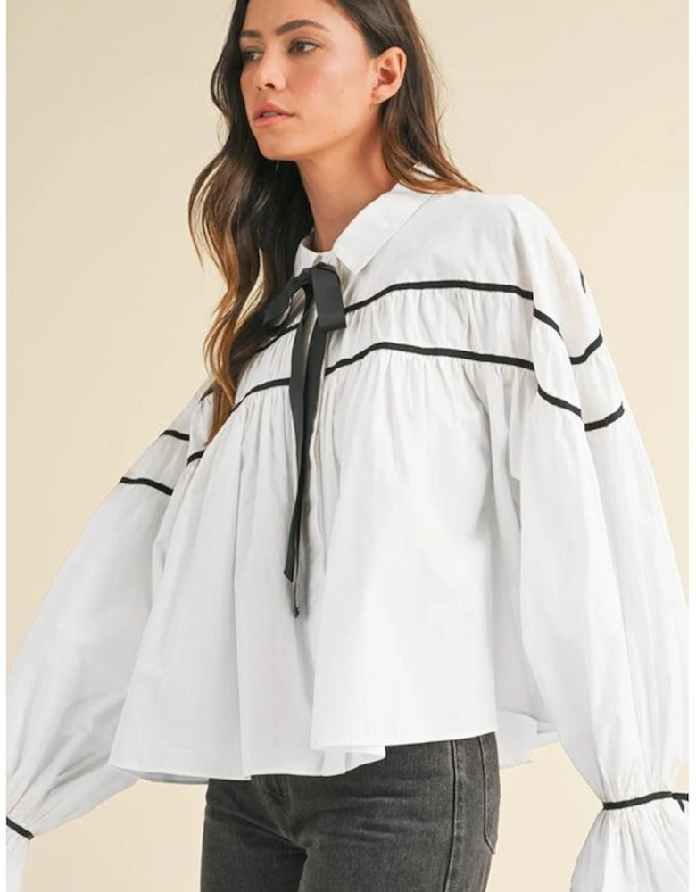 White Black Pipping Ribbon Bowtie Collared Ruffled Puff Sleeve Shirt