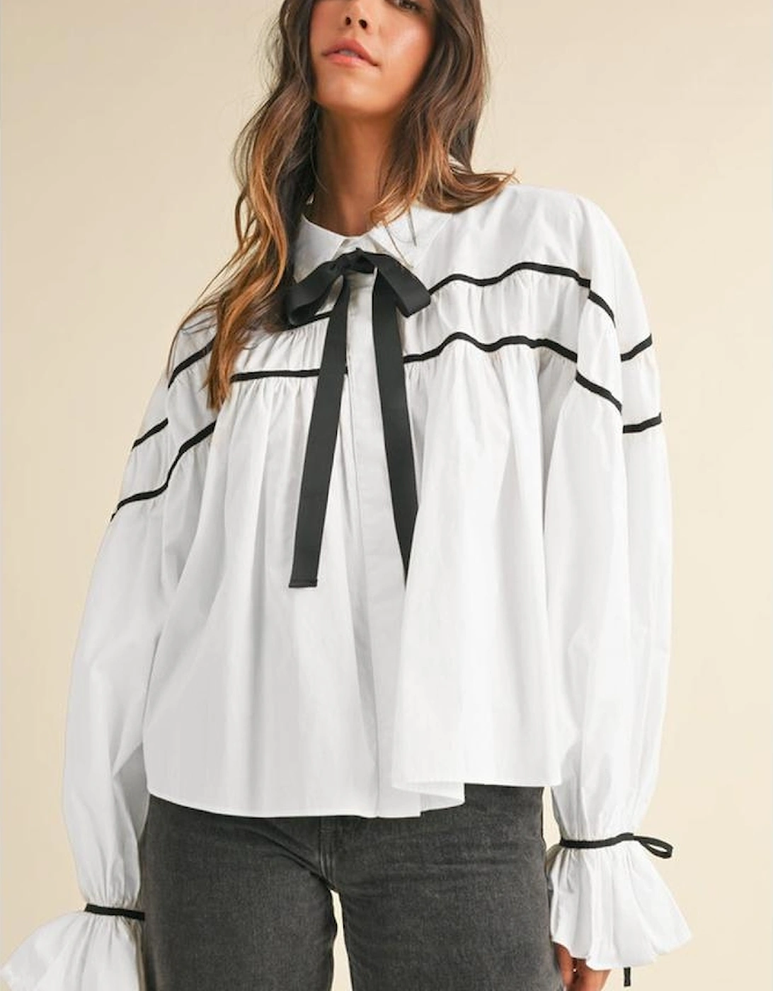 White Black Pipping Ribbon Bowtie Collared Ruffled Puff Sleeve Shirt
