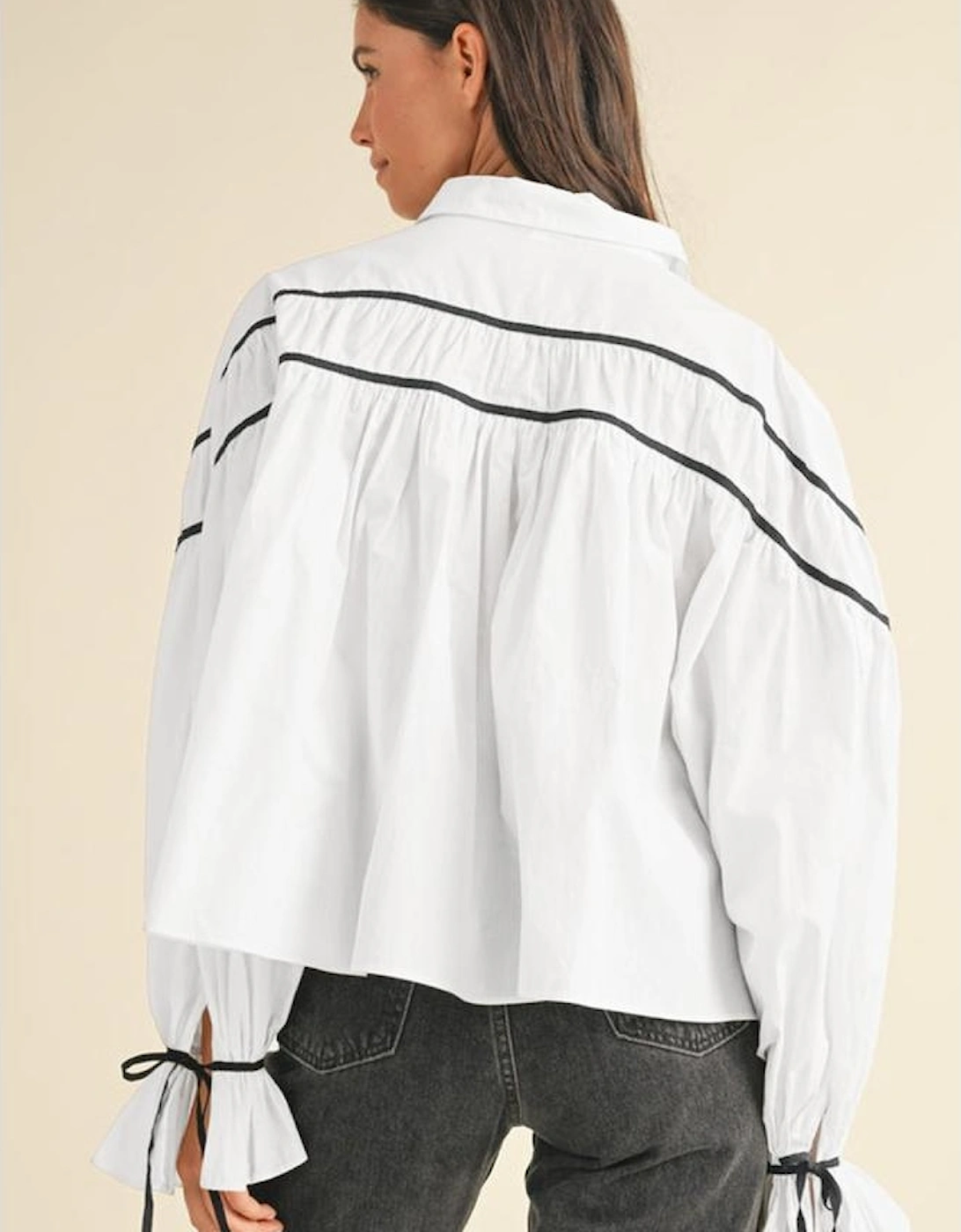 White Black Pipping Ribbon Bowtie Collared Ruffled Puff Sleeve Shirt