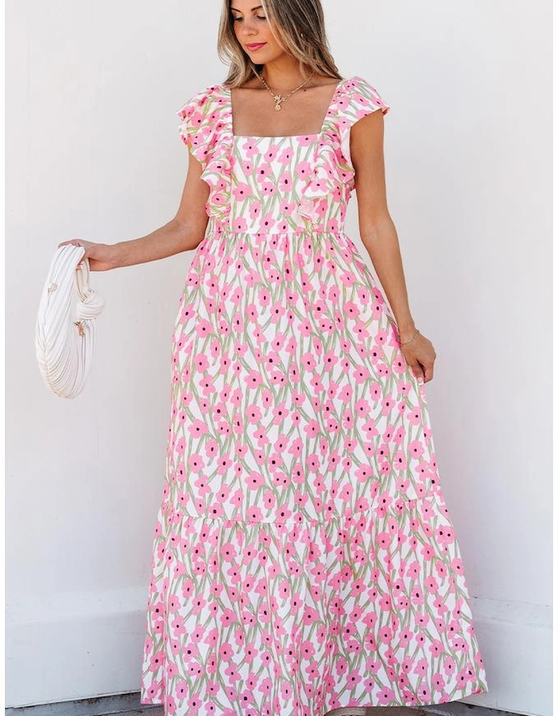 Pink Floral Print Square Neck Ruffled Strap Maxi Dress