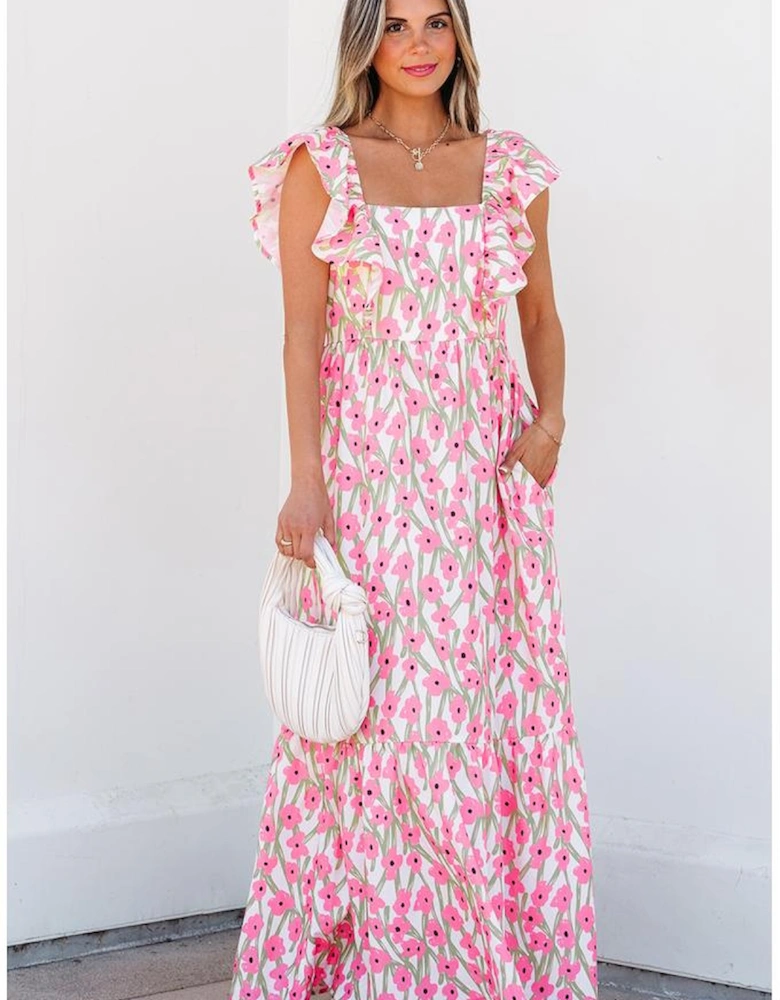 Pink Floral Print Square Neck Ruffled Strap Maxi Dress
