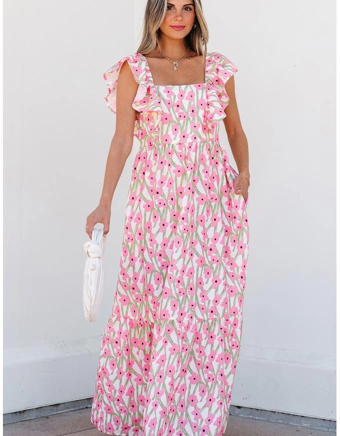 Pink Floral Print Square Neck Ruffled Strap Maxi Dress