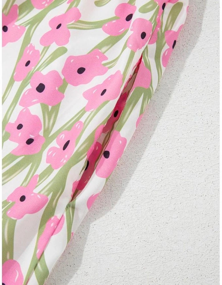 Pink Floral Print Square Neck Ruffled Strap Maxi Dress