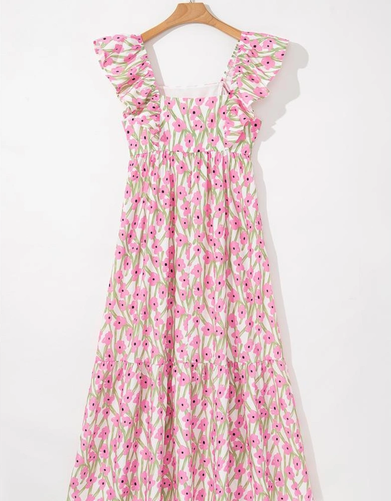 Pink Floral Print Square Neck Ruffled Strap Maxi Dress