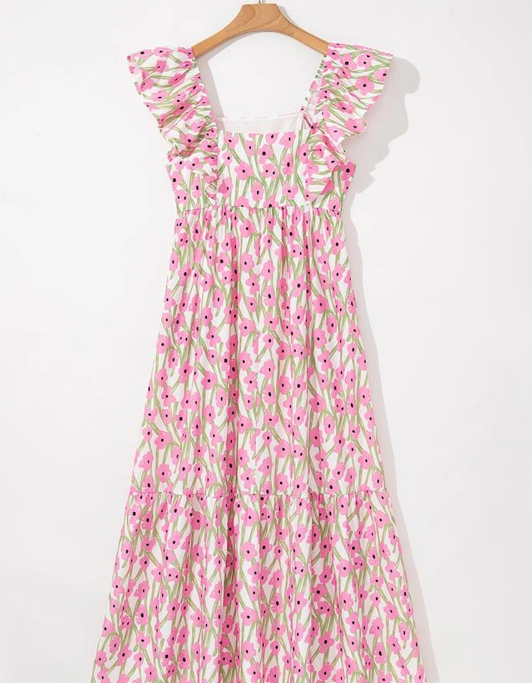 Pink Floral Print Square Neck Ruffled Strap Maxi Dress