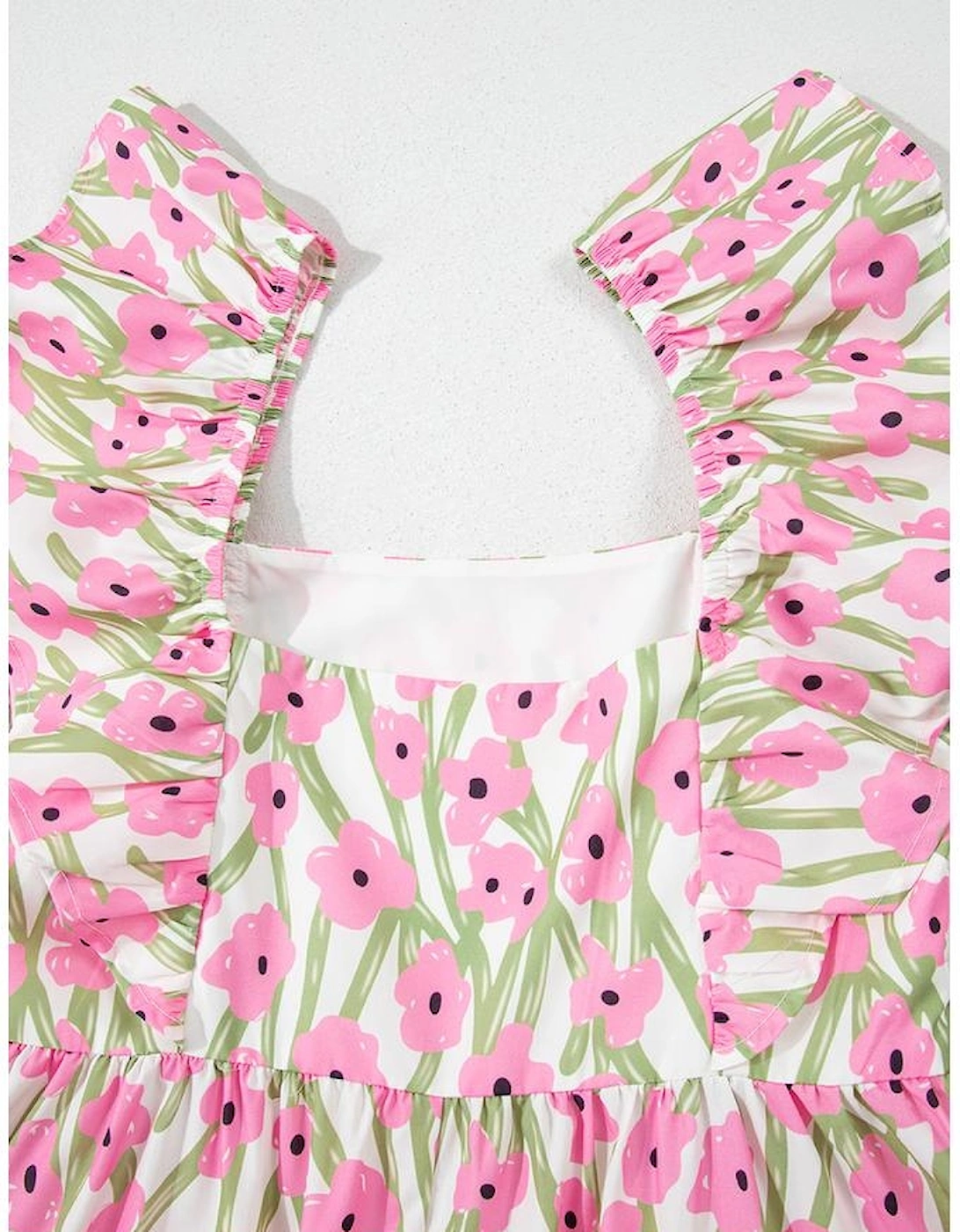 Pink Floral Print Square Neck Ruffled Strap Maxi Dress