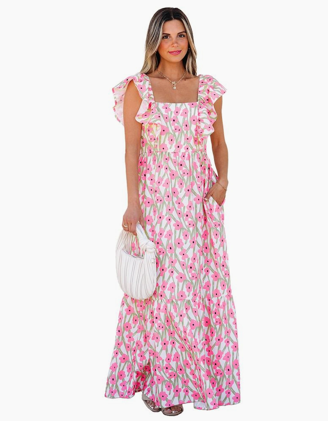 Pink Floral Print Square Neck Ruffled Strap Maxi Dress