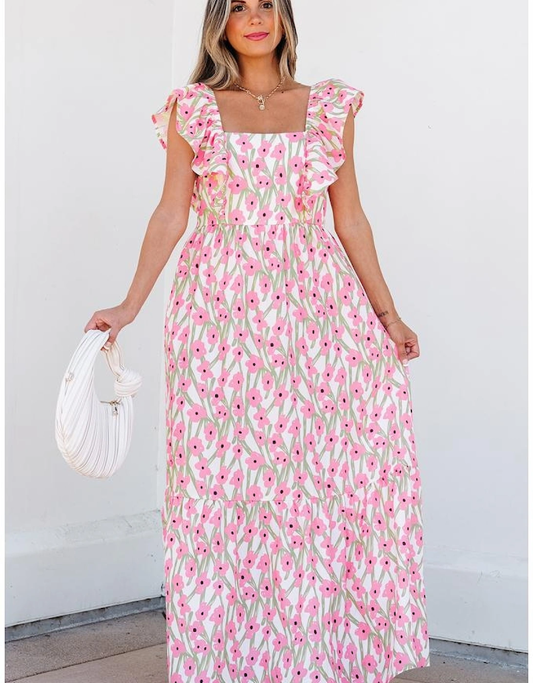 Pink Floral Print Square Neck Ruffled Strap Maxi Dress