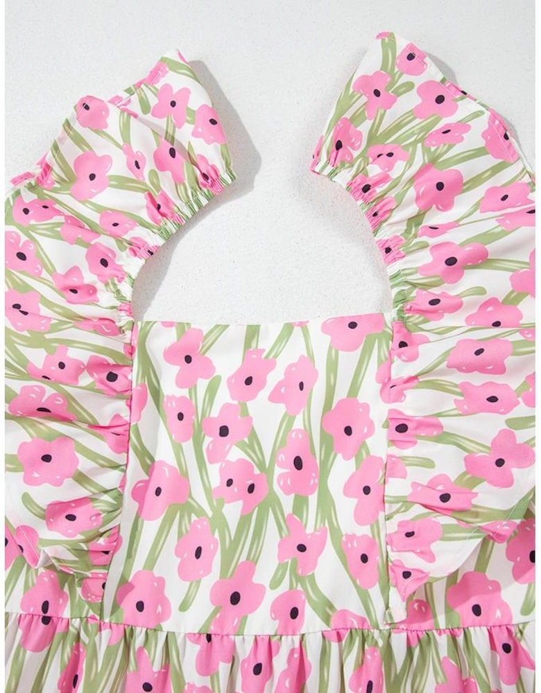 Pink Floral Print Square Neck Ruffled Strap Maxi Dress
