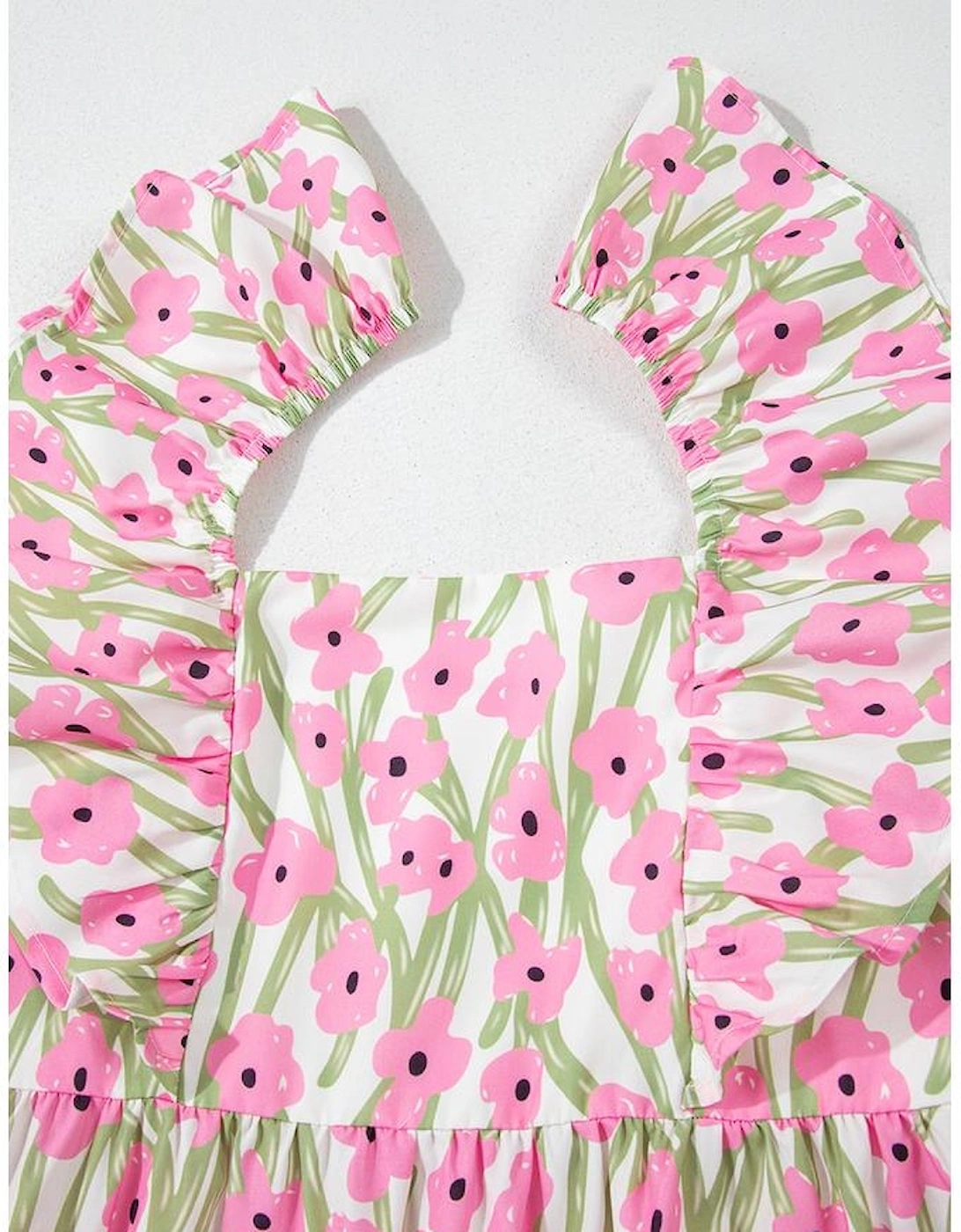 Pink Floral Print Square Neck Ruffled Strap Maxi Dress