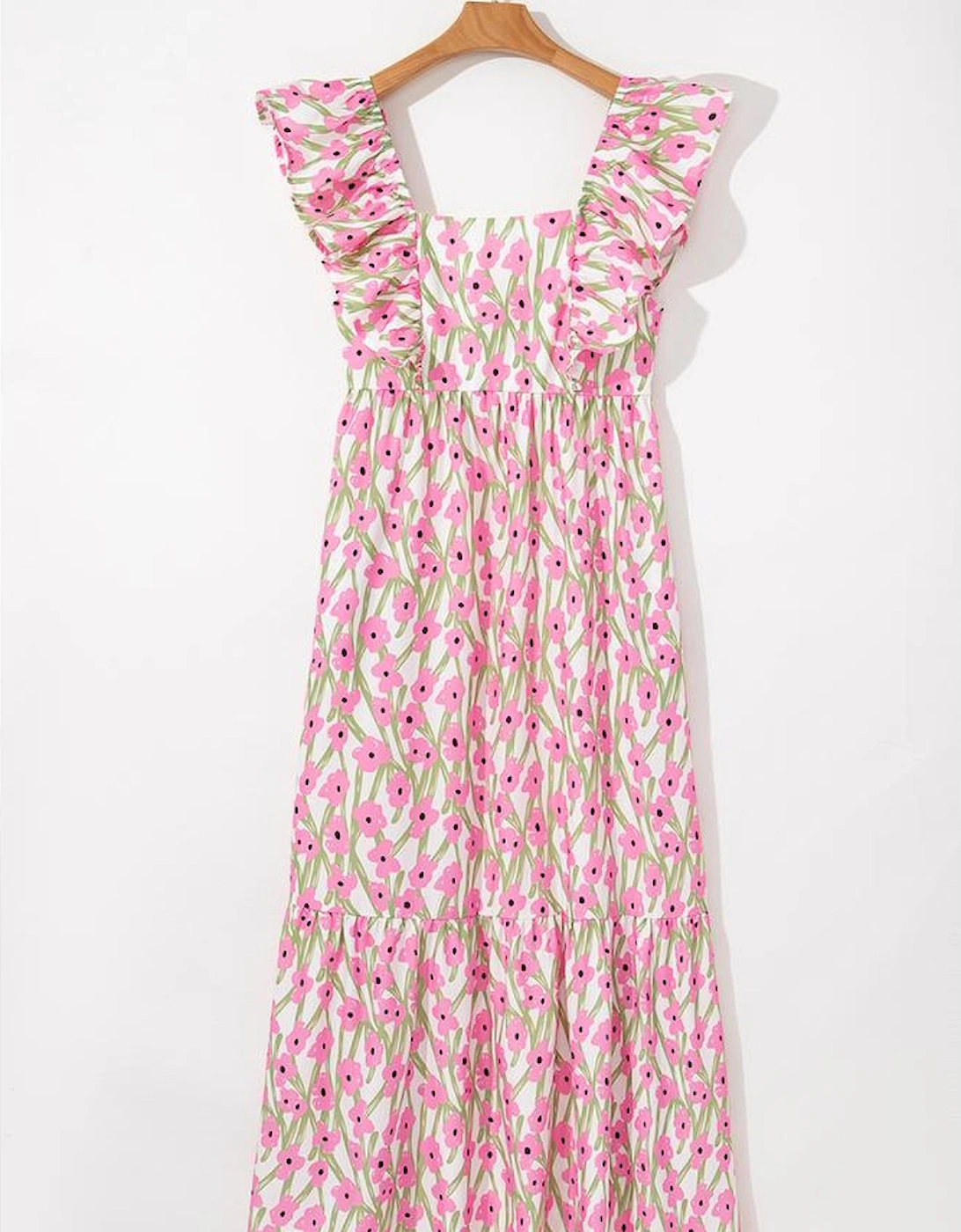 Pink Floral Print Square Neck Ruffled Strap Maxi Dress
