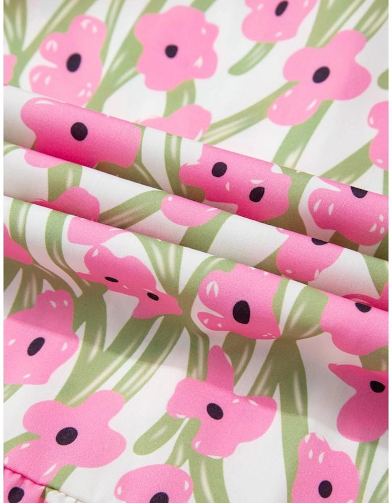 Pink Floral Print Square Neck Ruffled Strap Maxi Dress