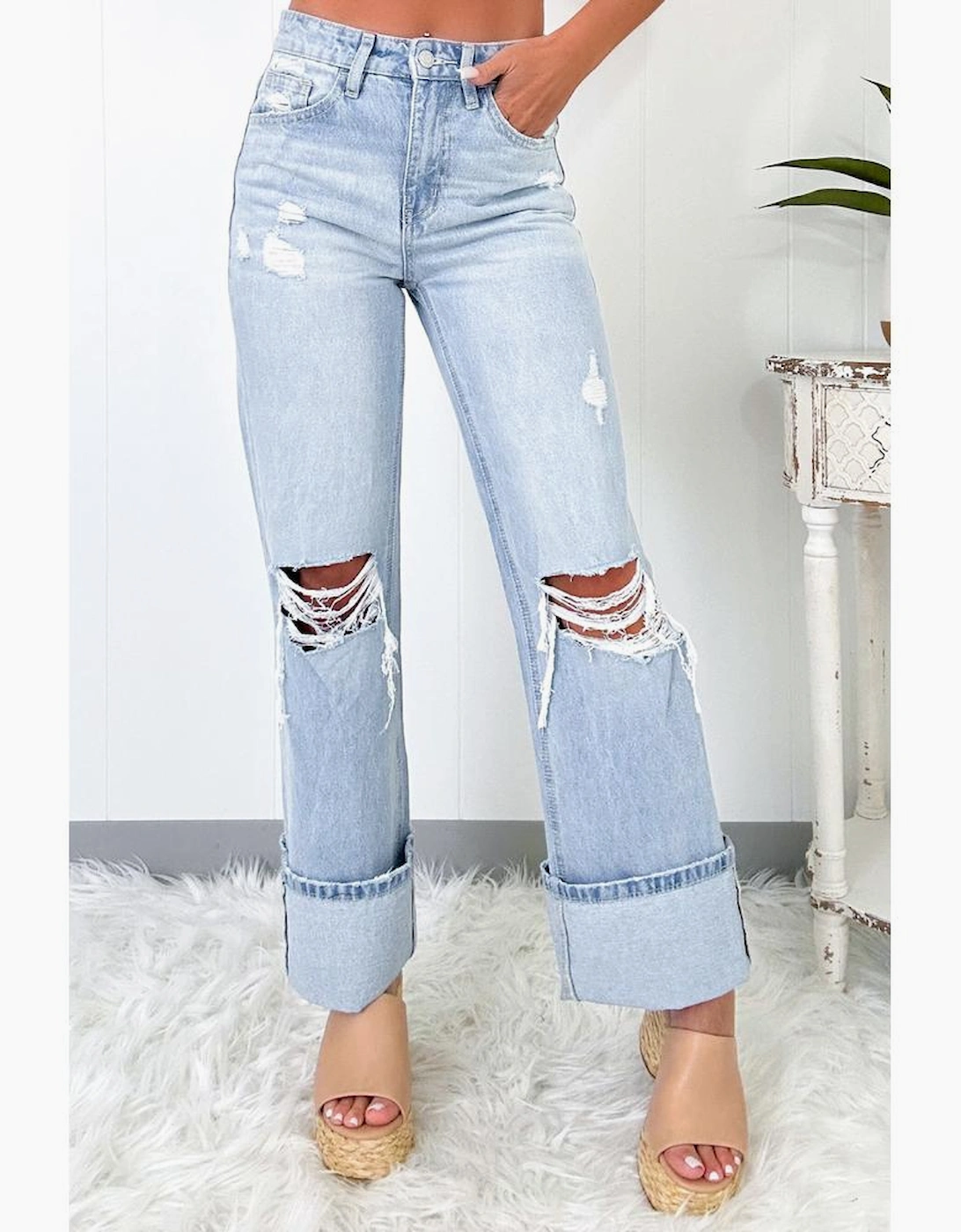 Beau Blue Light Wash Distressed Flare Jeans, 8 of 7