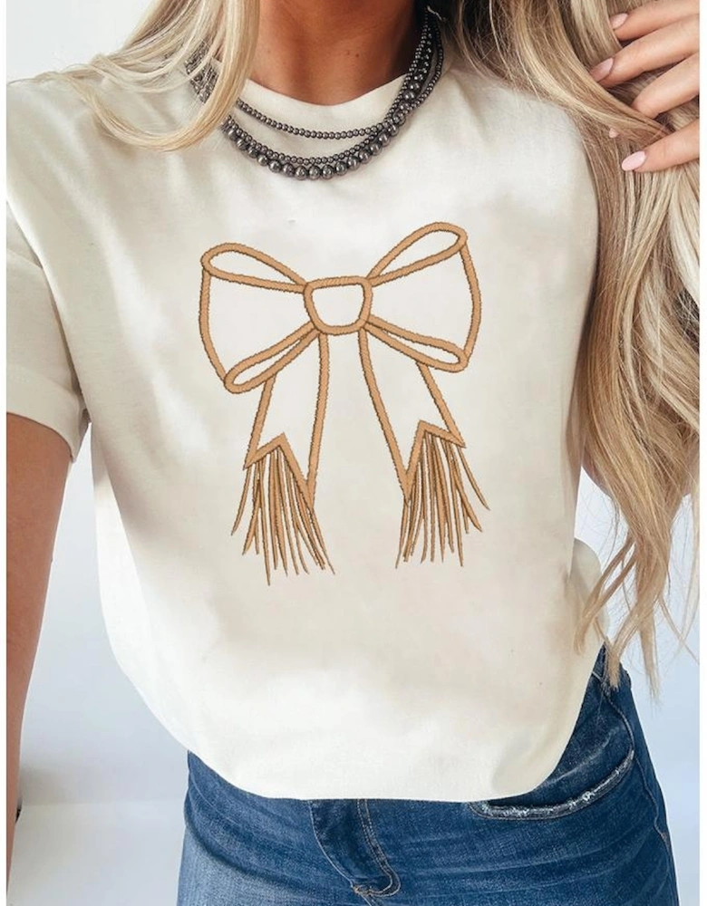 White Tassel Bowknot Embroidered Graphic Print Western Round Neck T Shirt